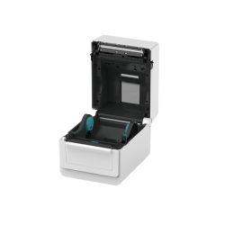 Imprimante pour étiquettes BV410T capot ouvert, compartiment média avec support de rouleau à guides verts