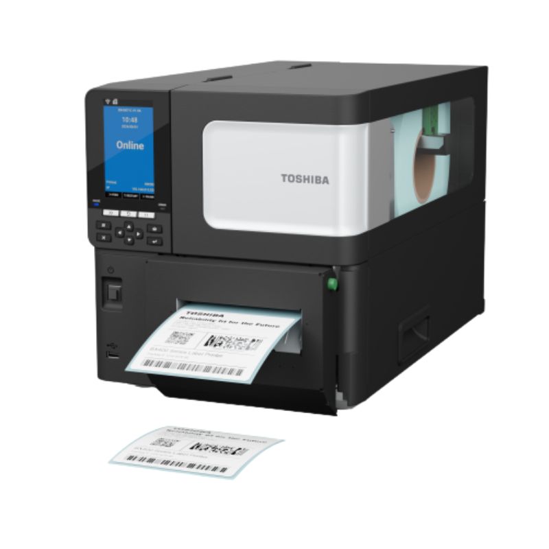 Imprimante industrielle Toshiba BX420T avec écran couleur et étiquette code-barres en sortie