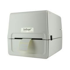 Imprimante d'étiquettes Toshiba BV410T blanche vue de trois quarts, étiquette sortant de la fente avant