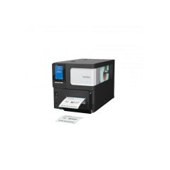 Imprimante pour étiquettes BX420T vue de trois quarts, étiquette imprimée en sortie et étiquette posée devant