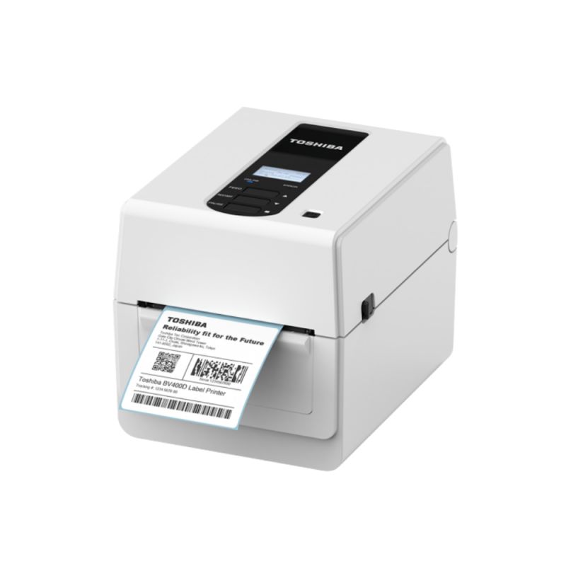 Imprimante d'étiquettes Toshiba BV410D blanche de bureau avec étiquette code-barres imprimée en sortie