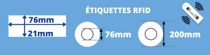 Rolle mit 74 x 21 mm großen RFID-Etiketten mit Oberfläche für Toshiba-Thermotransferdrucker. 76-mm-Dorn, Durchmesser der Rolle 200mm