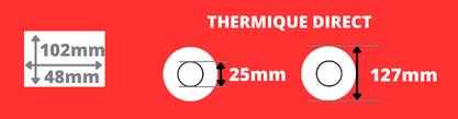 Rotolo di etichette bianche termiche dirette 102x48mm con anima da 25mm, diametro della bobina 127mm