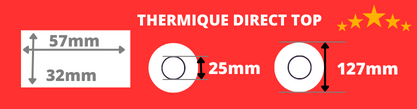 Etiquettes thermique direct de qualité 57x32mm mandrin 76mm, diamètre bobine 200mm