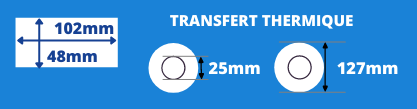 Rouleau d'étiquettes blanche 102x48mm pour imprimante transfert thermique avec mandrin de 25mm, diamètre de la bobine 127mm